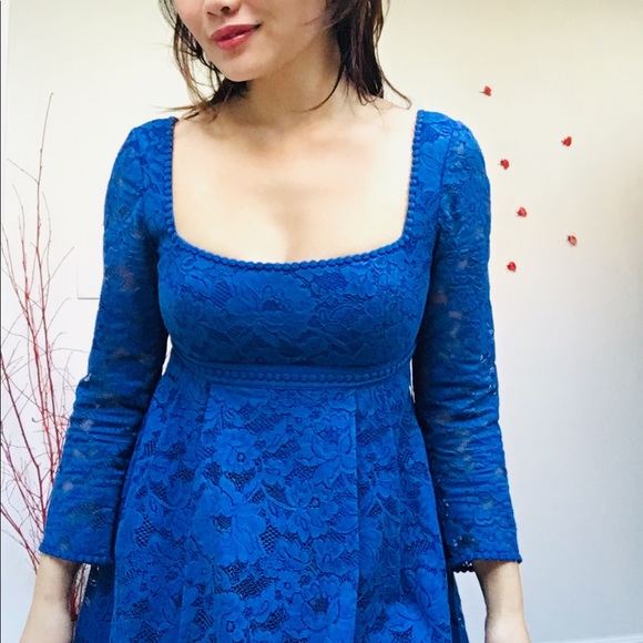 ✨Free People Royal Blue Floral Lace Empire Dress✨ - Picture 6 of 8